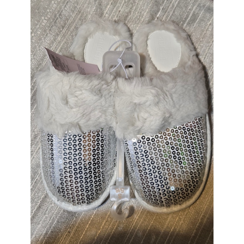 Auden Womens Silver Sequin Slipper Faux Fur Trim House Shoes S 5/6 Bling Lounge
